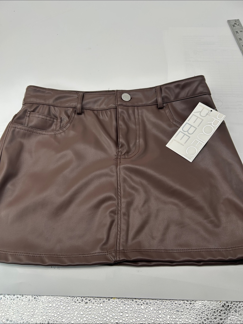 Brown Faux Leather Mini Skirt waist 28 length 13